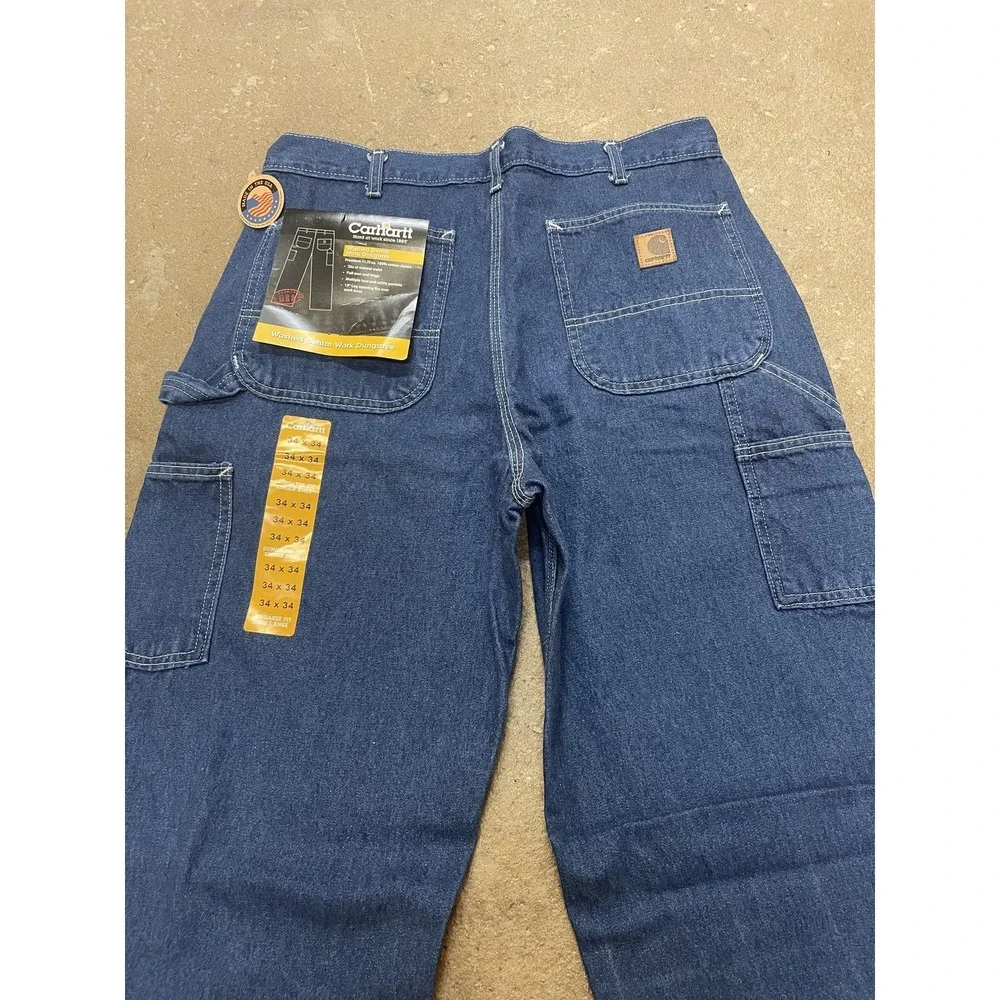 Carhartt Jeans Mens 34x34 Blue Washed Denim Work Dungaree Carpenter‎ Made USA
